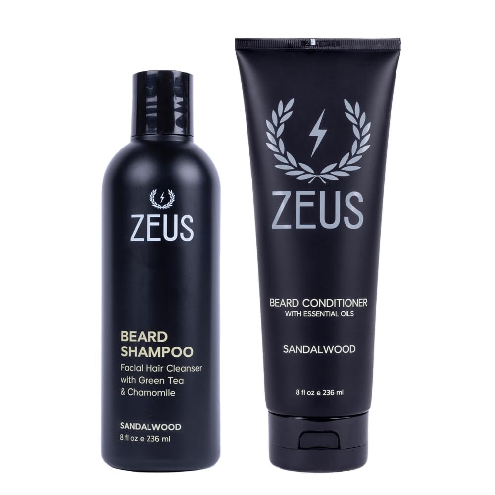 Beard Wash & Beard Conditioner Set with Green Tea for Men, Soften, Hydrates & Moisturizes - MADE in USA (Sandalwood)