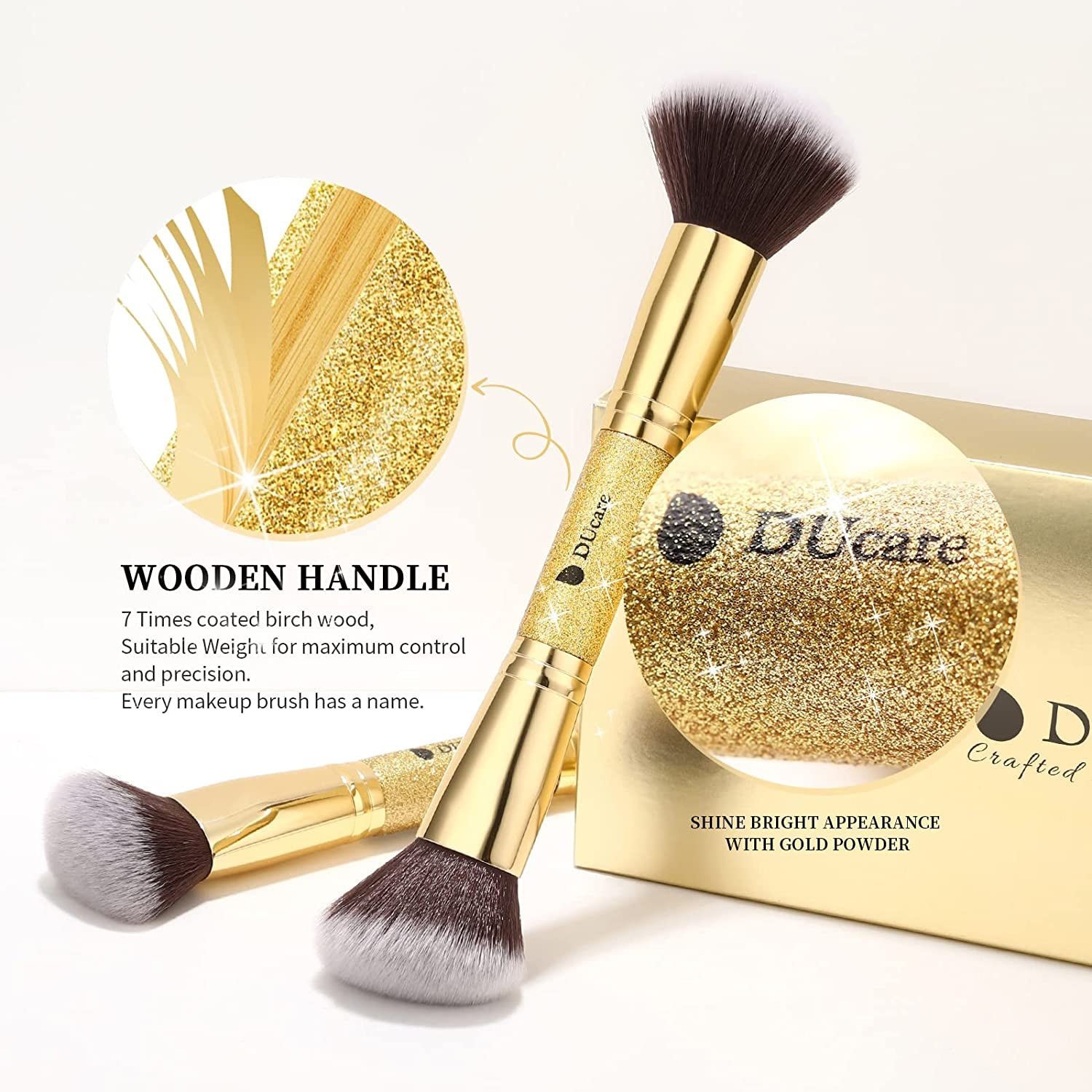 2Pcs Duo End Makeup Brushes, Synthetic Bristle Foundation Powder Buffer & Contour Brush Set, Dual Sided Face Brushes for Blending Concealer Bronzer Highlighter