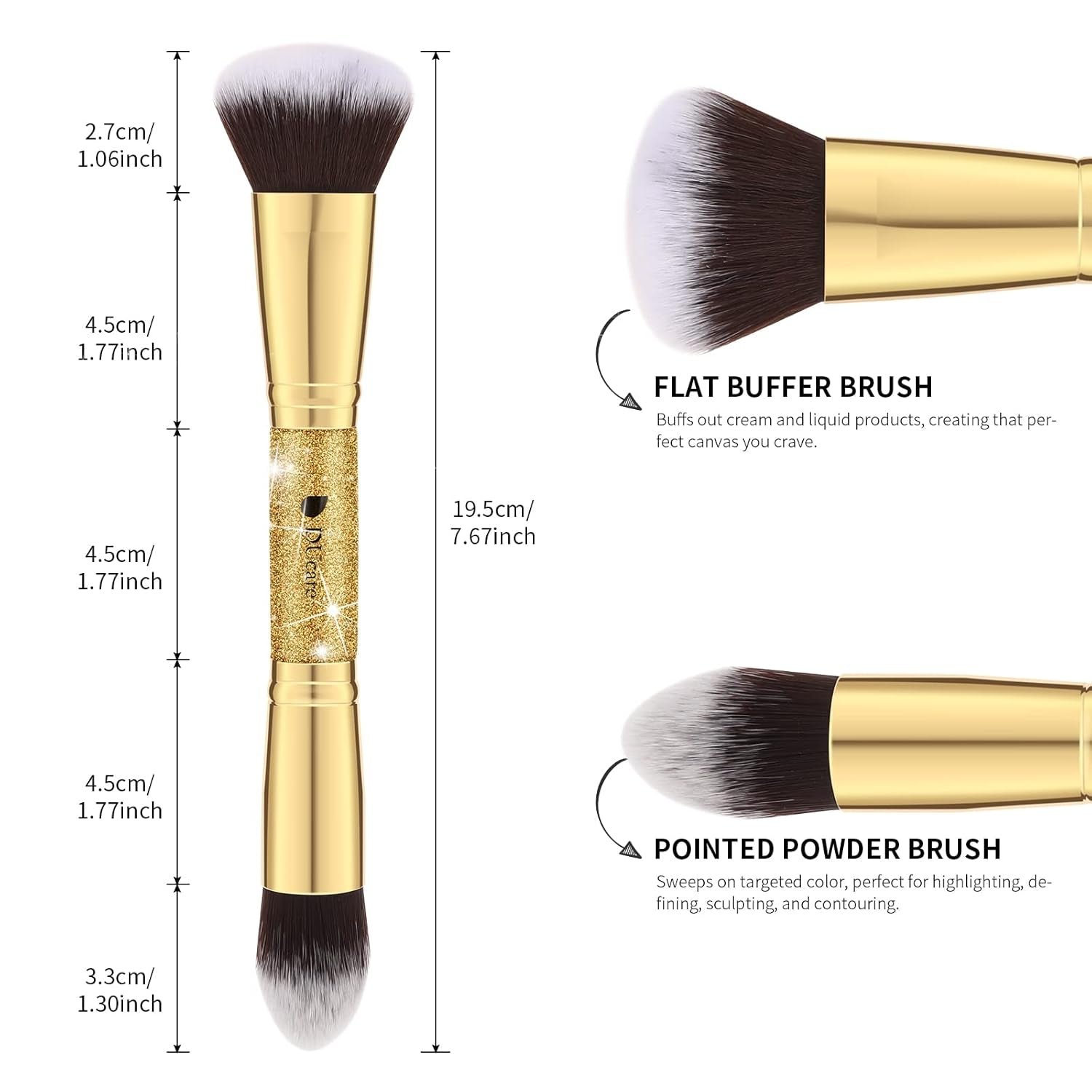 2Pcs Duo End Makeup Brushes, Synthetic Bristle Foundation Powder Buffer & Contour Brush Set, Dual Sided Face Brushes for Blending Concealer Bronzer Highlighter