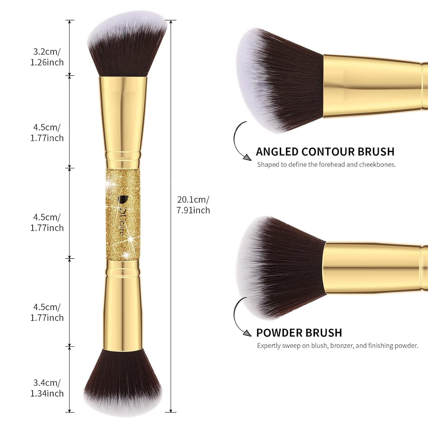 2Pcs Duo End Makeup Brushes, Synthetic Bristle Foundation Powder Buffer & Contour Brush Set, Dual Sided Face Brushes for Blending Concealer Bronzer Highlighter